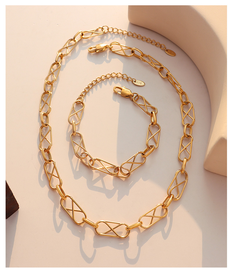 French retro geometric hollow necklace bracelet titanium steel girls jewelry