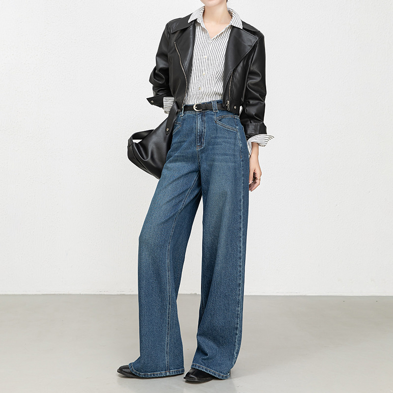 Denim Wide-Leg Pants 2026 Autumn New Style High-Waisted Cotton Embroidered Stretch Embroidered Floor-Length Pants 8209