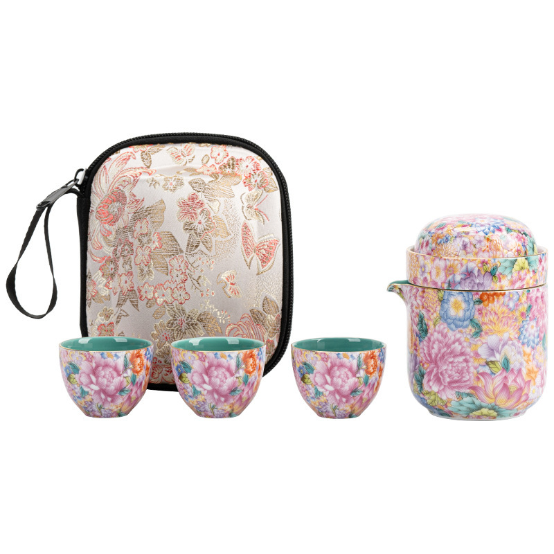 セラミック万華エナメルティーセット女性用トラベルティーセット1ポット3カップカンフーティーセット屋外ポータブルクイックカップ|undefined