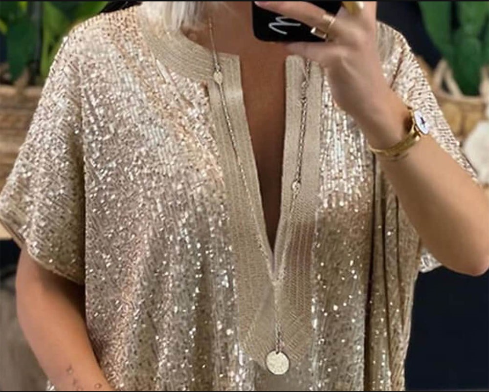 Camicia donna con paillettes scollo a v manica corta top largo_voghion.com