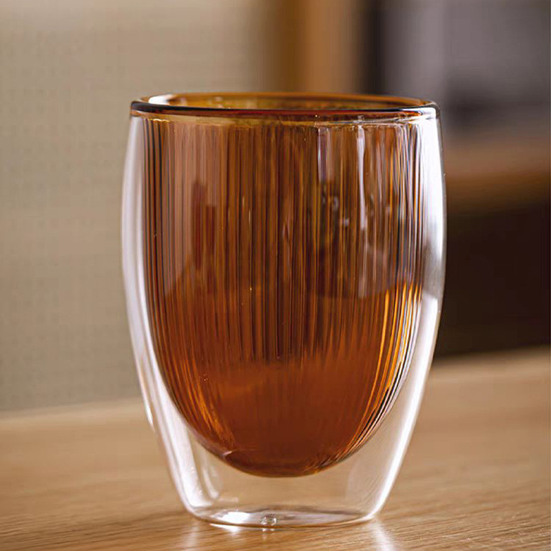 Colorido de doble capa Taza de borosilicato a rayas taza de vidrio transparente taza de agua desayuno bebida jugo Taza de leche taza de café