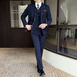 四季款一粒扣商务休闲西装套装蓝色正装男士结婚礼服外贸批发西服