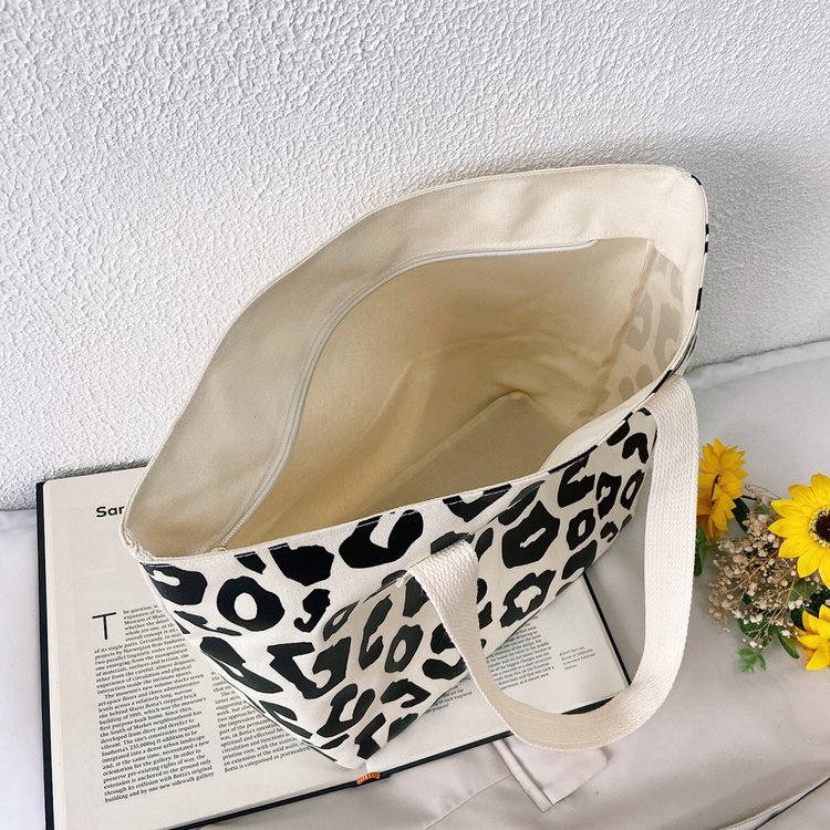 Single Shoulder Strap Strap Type Women's Canvas Leopard Classic Style Square Zipper Shoulder Bag Tote Bag
