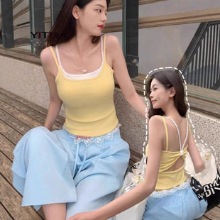 Trendy Two-Piece Hollow-Out Bowknot Camisole with Fixed Cup and Contrasting Color Base Tank Top for Women