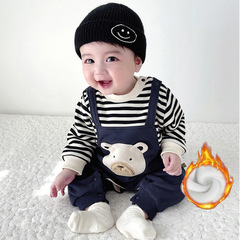 條紋刺繡寶寶熊嬰兒加絨連體衣秋冬A類新生兒哈衣爬服寶寶衣服