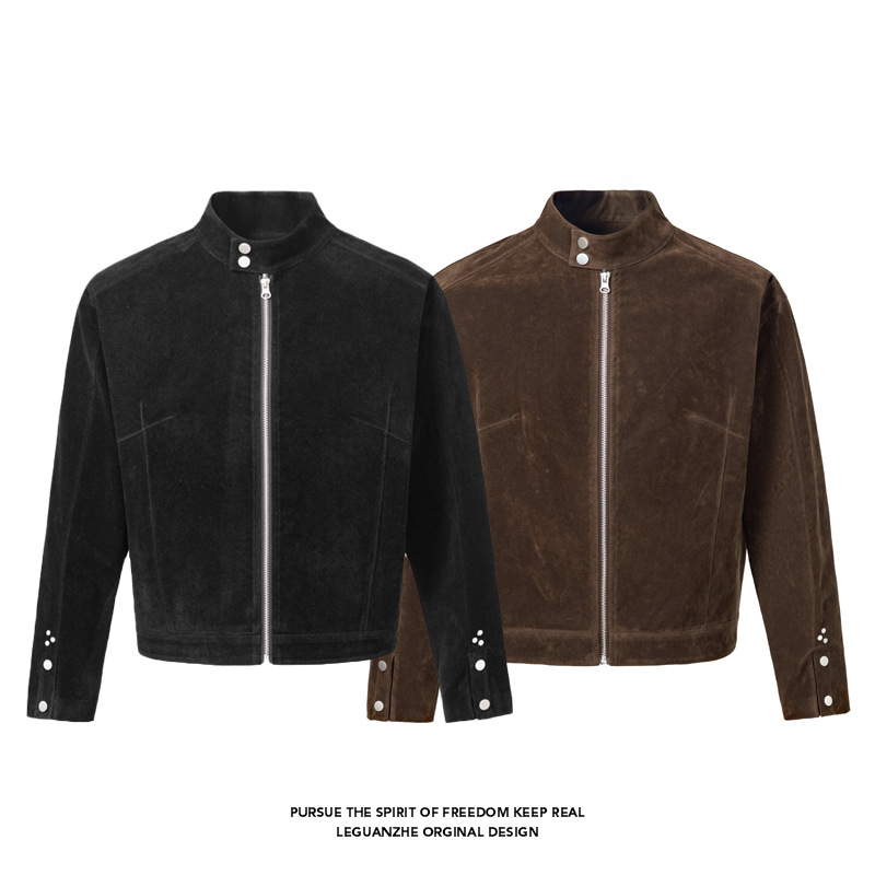 "Modern Era" Retro Maillard Autumn Cleanfit Short Suede Leather Harrington Flight Jacket_voghion.com