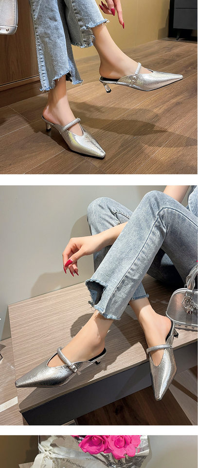 Sandal nữ bít mũi mũi nhọn gót nhỏ kiểu mule quai hậu thanh lịch — Màu bạc, Màu trắng be, Màu vàng chi tiết 11