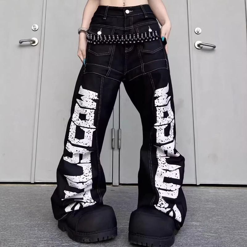 Black Jeans for Men and Women, New Spring and Autumn Style, American Graffiti Design, Casual Loose Straight-Leg Floor-Length Wide-Leg Pants, Trendy Black Jeans for Men and Women, New Spring and Autumn Style, American Graffiti Design, Casual Loose Straight-Leg Floor-Length Wide-Leg Pants, Trendy