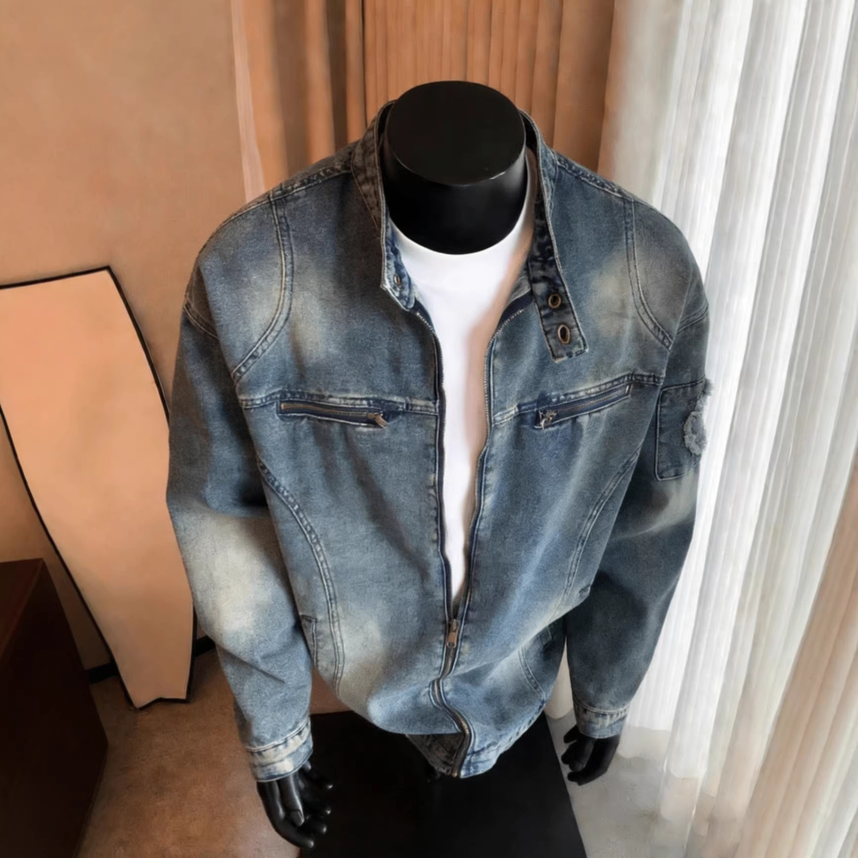 Motorcycle Denim Jacket For Men, Washed And Worn Trendy Brand Loose Casual Zipper Jacket_voghion.com