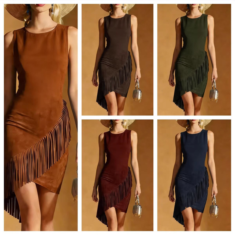 Western European and American Style Irregular Skirt, Cross-Border Suede Fringe Elegant Bodycon Skirt, Sleeveless Tank Dress for Summer Western European and American Style Irregular Skirt, Cross-Border Suede Fringe Elegant Bodycon Skirt, Sleeveless Tank Dress for Summer