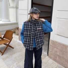 美式格纹无袖马甲棉服宽松秋冬新款男女复古叠穿外套上衣潮