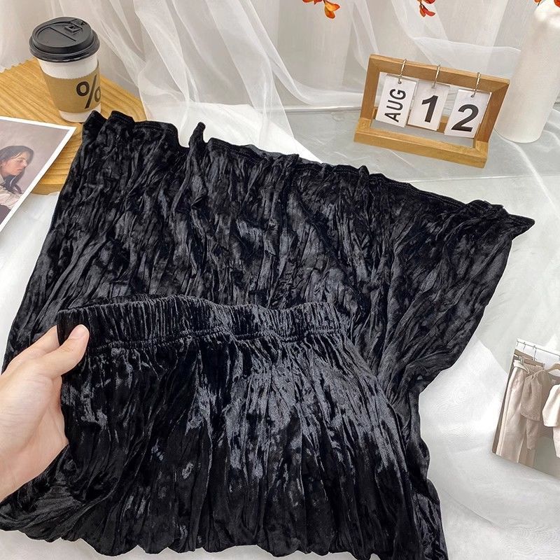 金丝绒褶皱丝绒气质半身裙2025春秋冬新款中长款百搭设计长裙|undefined