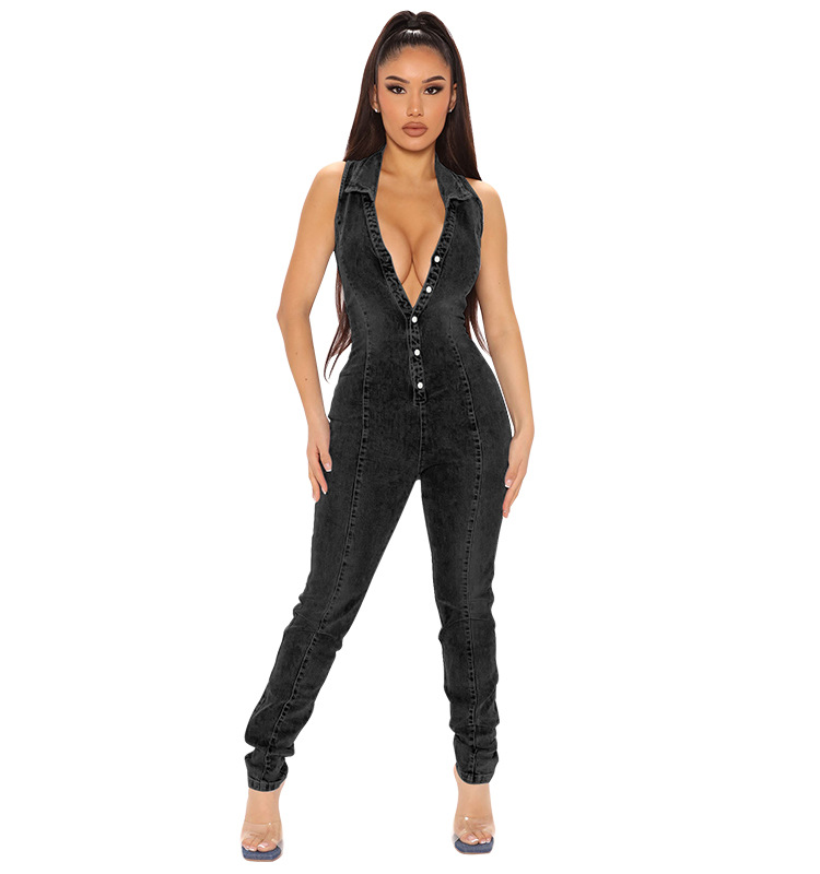 Sleeveless Denim Jumpsuit For Women, Front Button-Down Washed Stretch Romper, Street Style Casual One-Piece Outfit_ecoleips.com