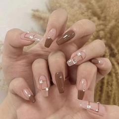 Luxurious square rhinestone flash brown skin-tone Instagram-style false nail stickers, set includes reusable nail art