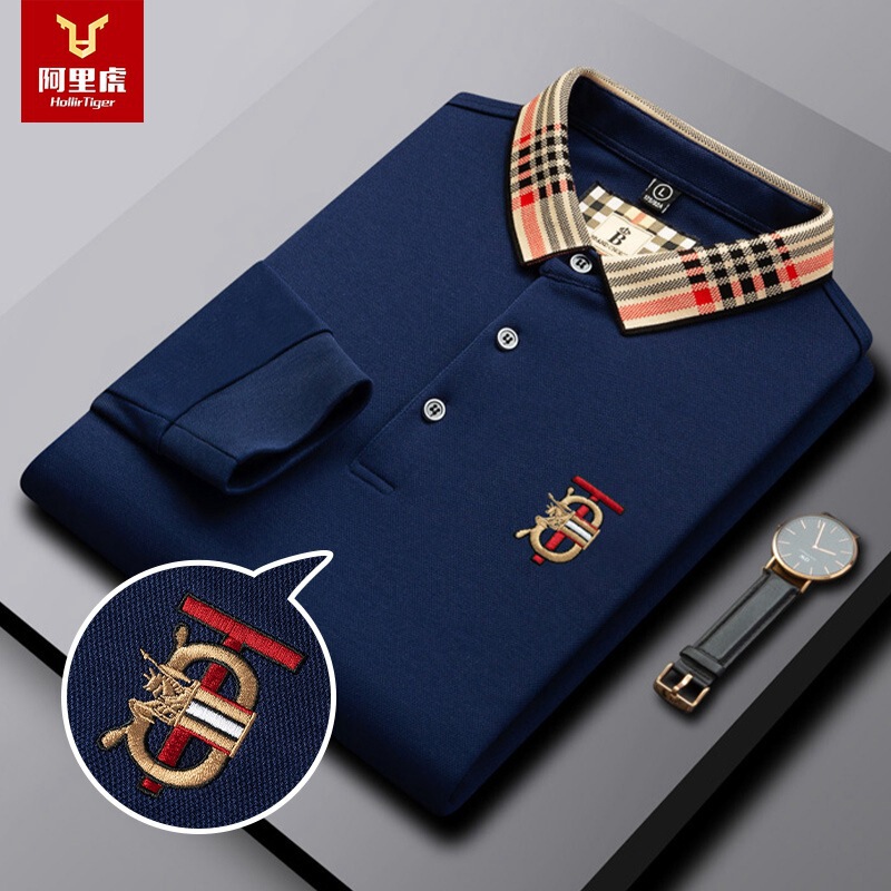 Alihu Men's Autumn Solid Color Designer Embroidered Long-Sleeve T-Shirt Casual Fit Business Men's Polo Shirt a