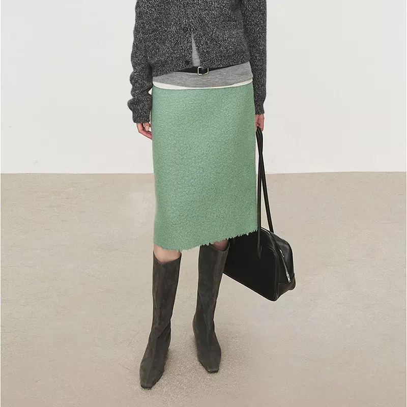 CHIC意大利奢牌水波纹皮草感高含毛呢 超耗料自然毛边极简中裙