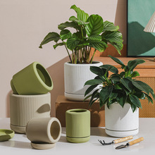 素烧陶瓷喷彩花盆透气吸水创意渐变色工艺条纹带托盘种植盆栽兰花