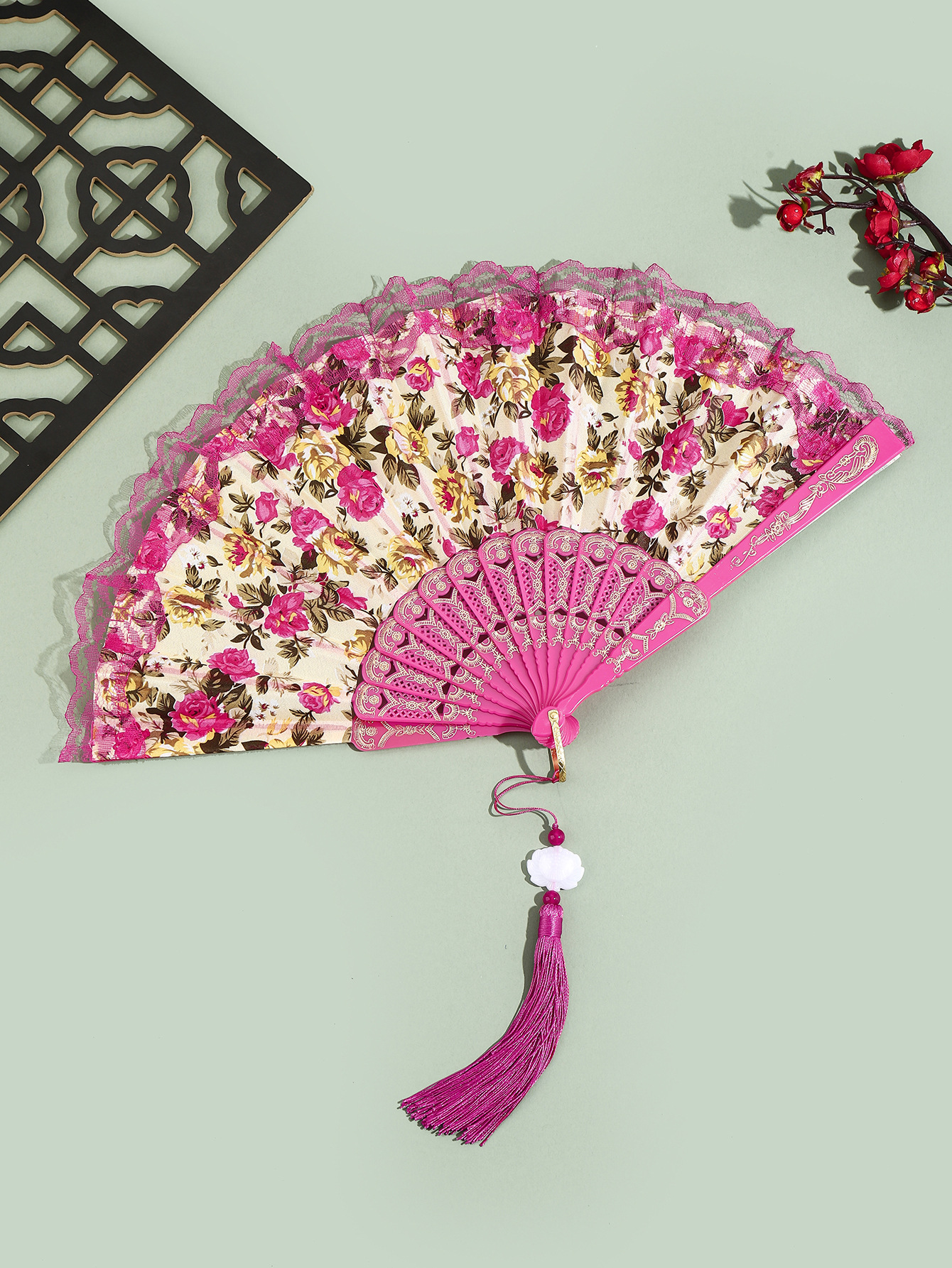 Abanico Plegable de Algodón con Borlas y Encaje para Decoración image 9