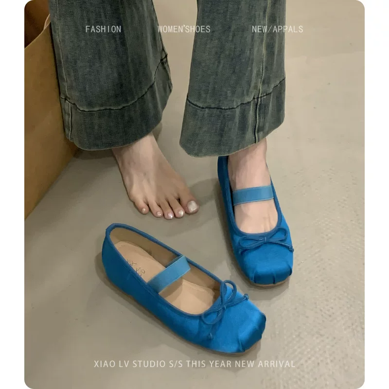 French gentle bow shallow mouth heightening single shoes for women 2025 spring and summer evening ballet large size women's shoes 4143