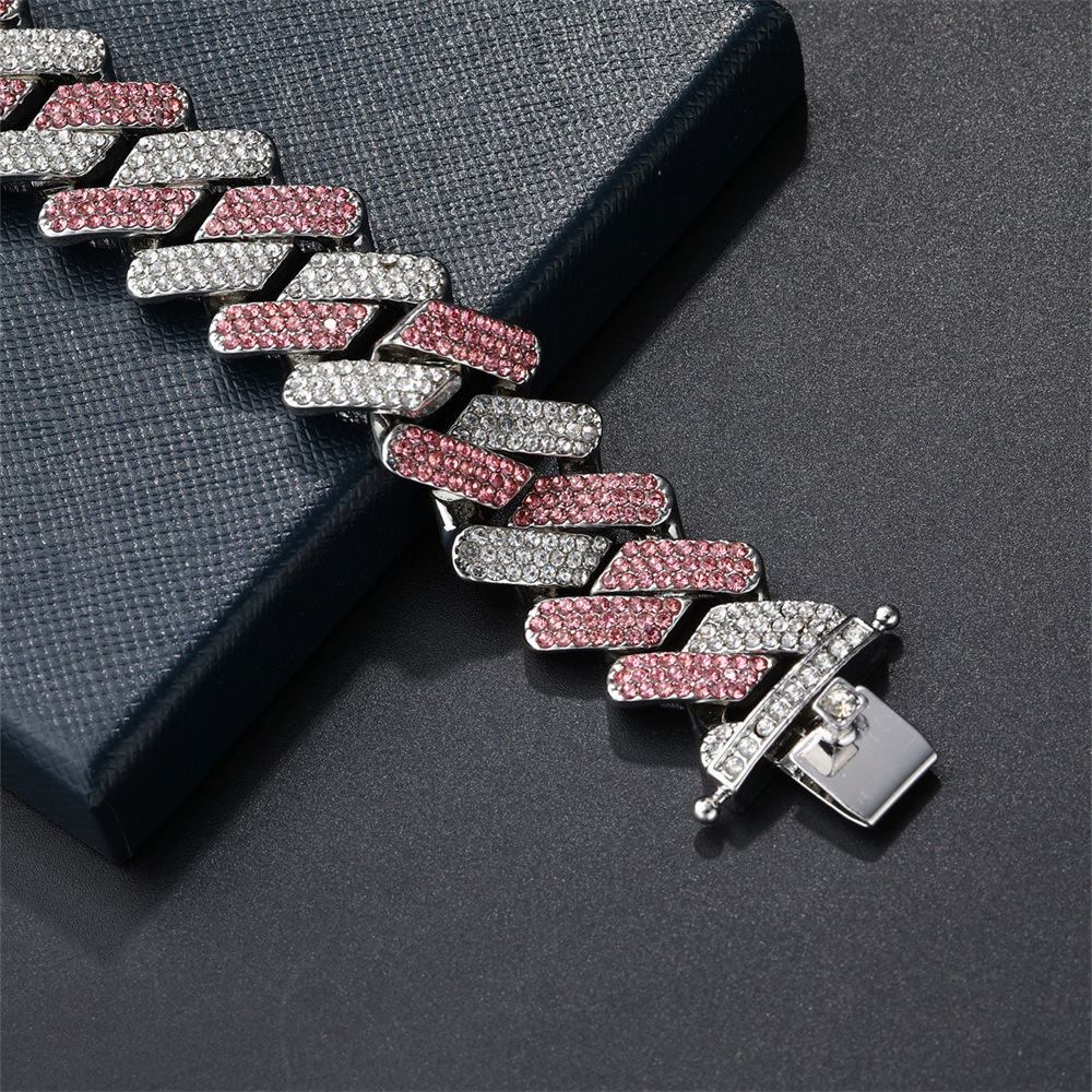 Inlay Design Hip-Hop Rhombus Zinc Alloy Inlay Zircon Unisex Cuban Link Chain Curb Chain Bracelets Necklace