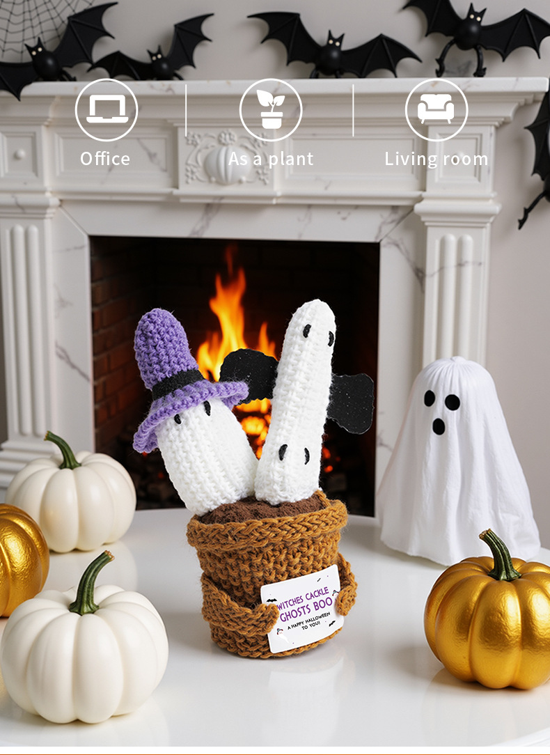 Halloween cross-border new funny expression dolls, positive energy woolen knitted ghost ornaments, potted plant card dolls pic 5