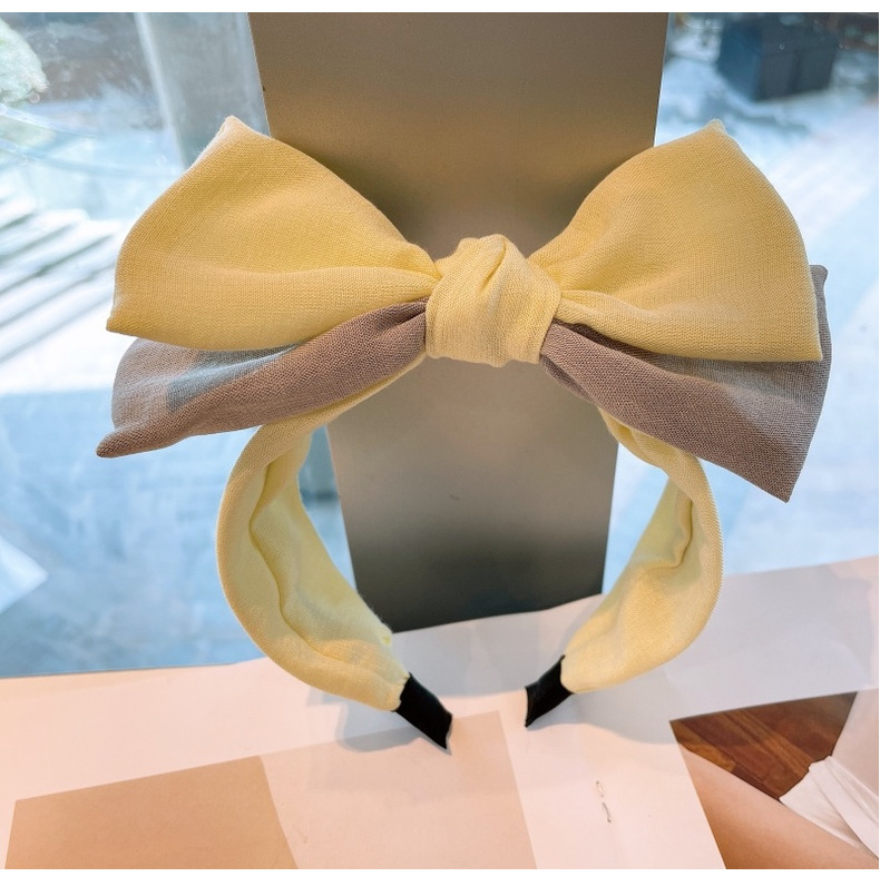 Double-layer Bow Yellow Linen Headband display picture 14
