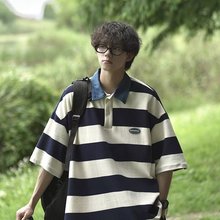 美式复古设计感条纹上衣男女夏季宽松百搭学院风情侣POLO衫短袖潮