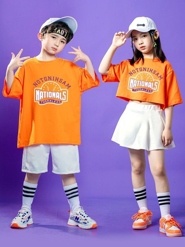 (2개) 남학생 힙합 힙합 세트 반소매 여학생 재즈댄스 초등학생 치어리더 옷 유치원 교실 옷