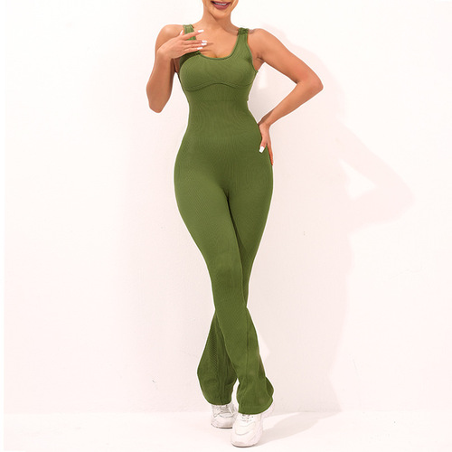 Amazon sleeveless abdominal shaping exercise tight top long yoga one-piece pants wide-leg trumpet solid color