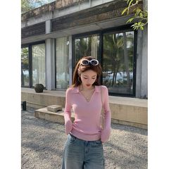 秋上新极简纯色2025新款洋气显瘦百搭半开襟Polo领针织衫女