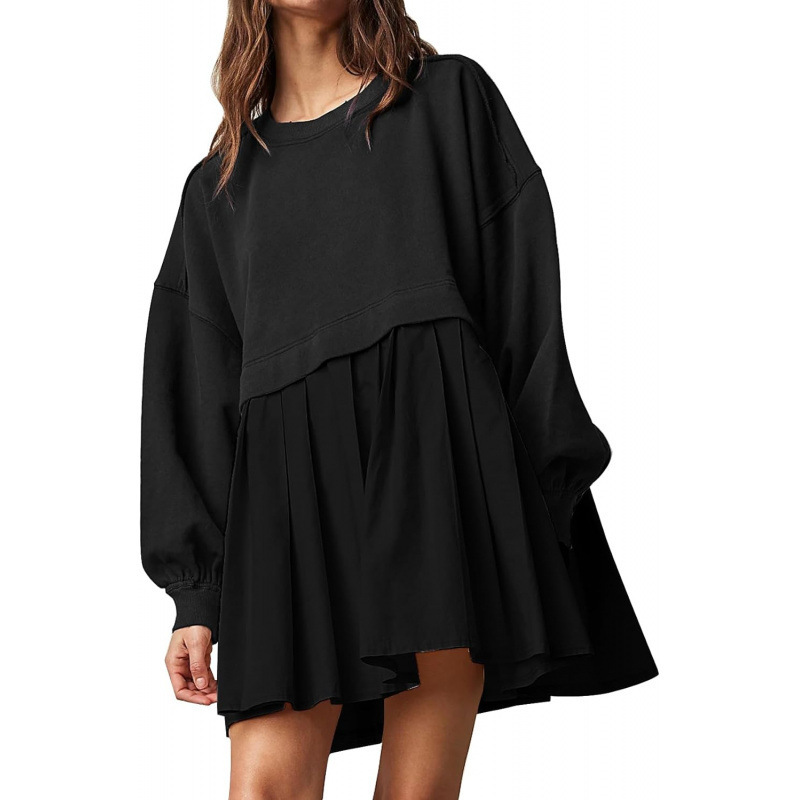 Women's large silhouette sweater dress round neck patchwork long sleeve pullover coat elegant pleated mini dress Women's large silhouette sweater dress round neck patchwork long sleeve pullover coat elegant pleated mini dress