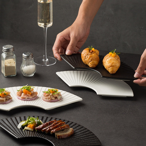 Fan-shaped striped plate, special-shaped plate, Japanese-style sushi plate, ceramic dessert plate, home creative platter, commercial hotel table setting