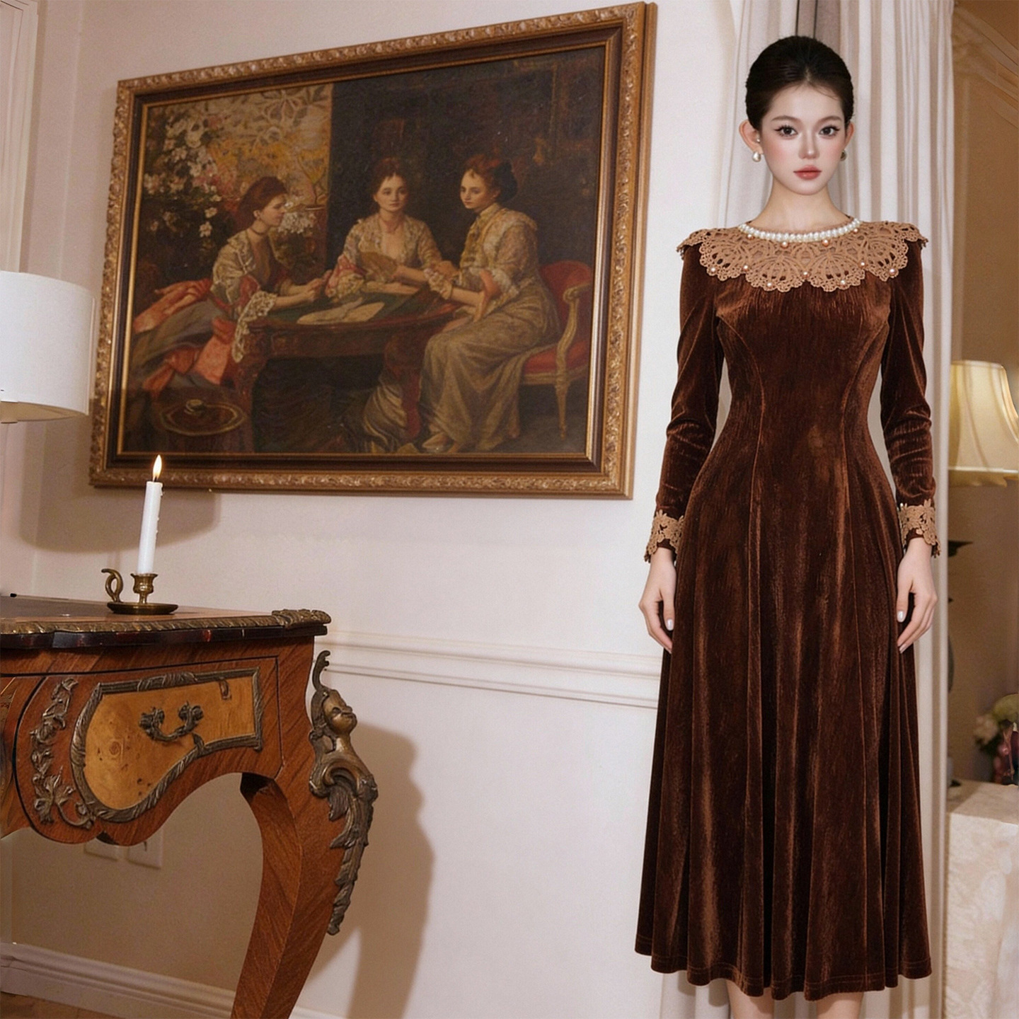 Váy nhung maxi nữ cổ tròn đính ngọc thắt eo dáng dài — màu nâu