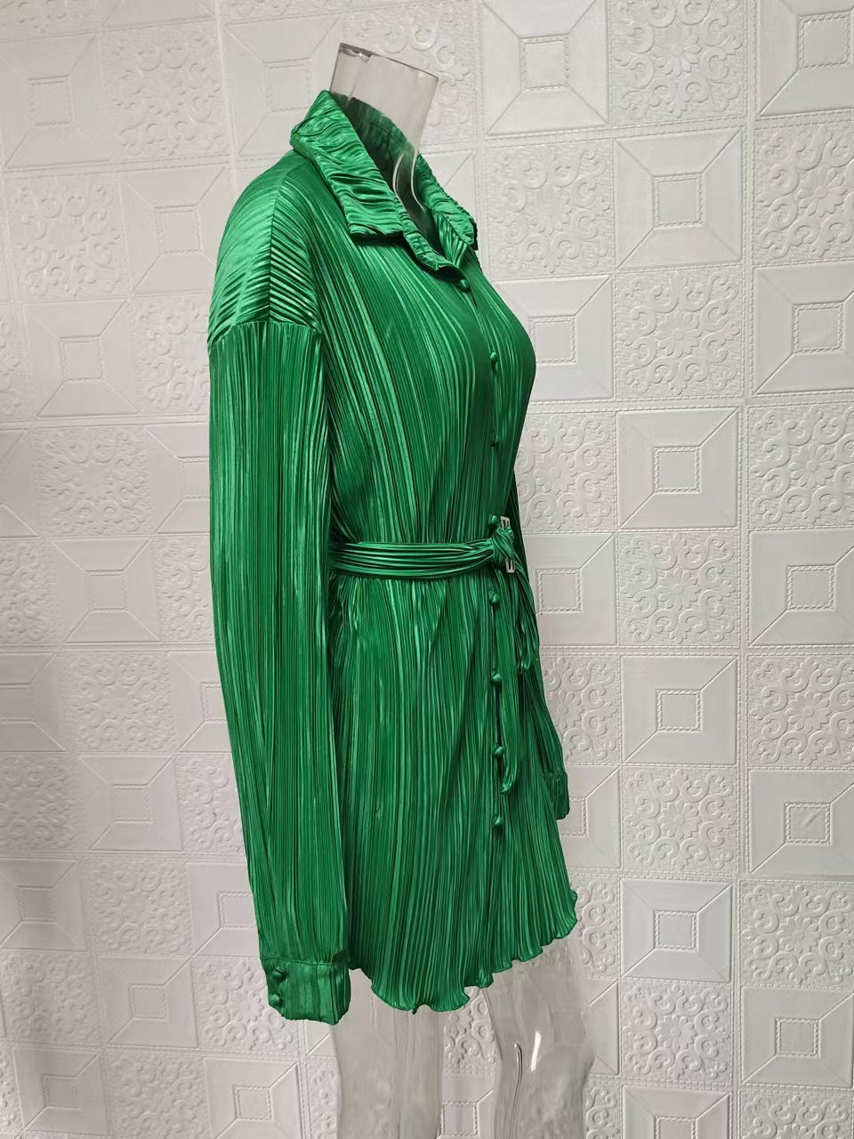 Women's Clothing 2024 women's new shirt collar fashion women's elastic waist pleated long sleeved lace up dress_mkmklike.com