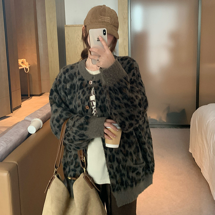 欧美跨境豹纹针织开衫女秋冬新款休闲软糯上衣宽松慵懒风毛衣外套|undefined