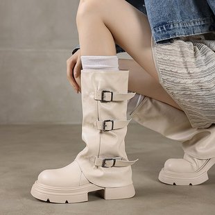 2025 Autumn and Winter New Burgundy Mid-Calf Boots for Women Thick-Soled Belt Buckle Pile-Up Boots Casual Boots Wholesale