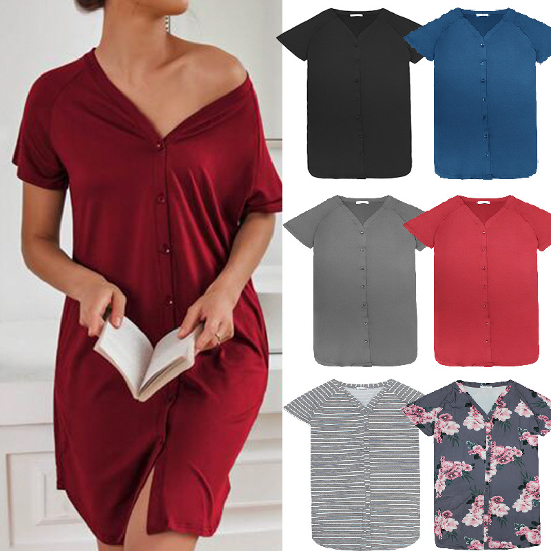 Cross-Border Popular Nightgown European and American Style Women's V-Neck Cardigan Nightgown Plus Size Loose Maternity Wear Pajamas for Women with a Mouth Opening