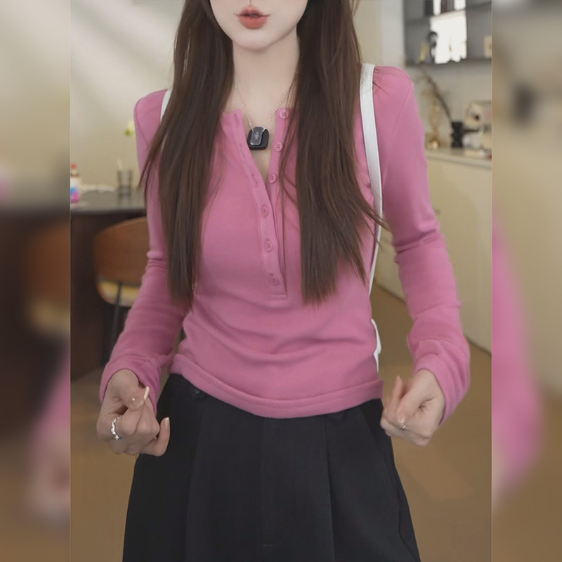 适合胖mm大码女装粉色半开领长袖T恤女早秋季修身显瘦巨好看上衣|undefined