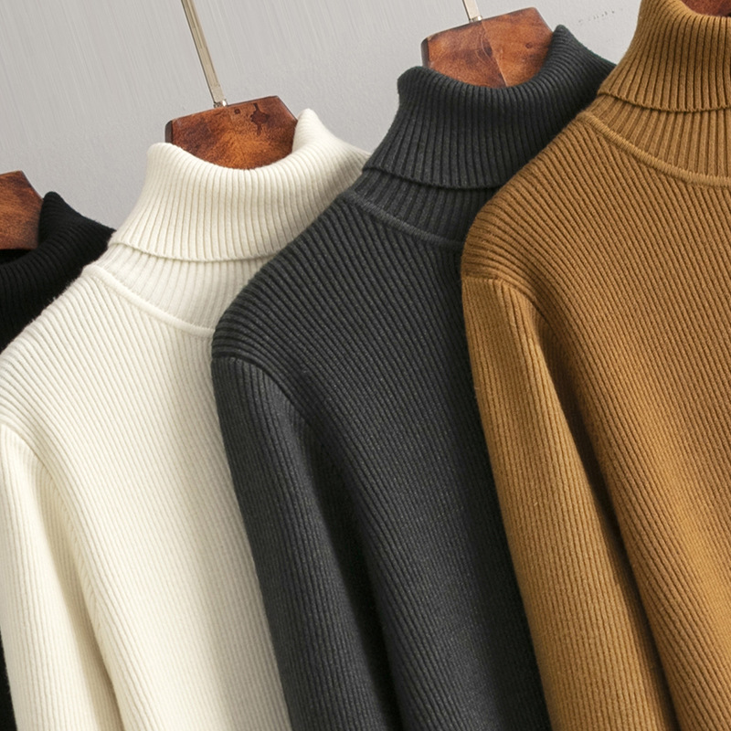 Women Knitted Dress Autumn Winter Mid Length Loose Turtleneck Solid Color Base Sweater Dress