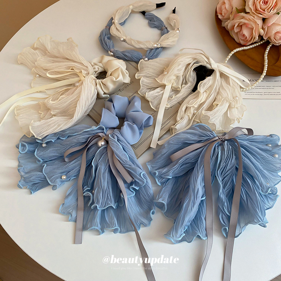 Encaje de tela, flor de trompeta, lazo de perla, lazo para el cabello con flecos, temperamento fresco y dulce, accesorios para el cabello de alta gama de nicho