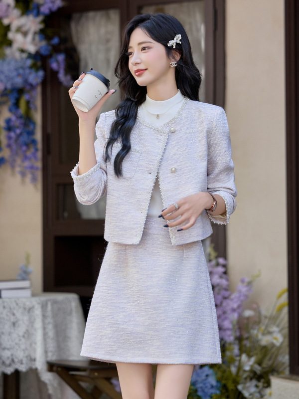 高级感小香风套装女2025秋新款复古钉珠气质外套半身裙两件套ZQ08|undefined