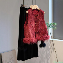 新中式毛毛拼接提花复古坎肩背心2025秋冬季新款高级国风马甲上衣