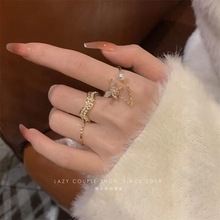 日韩超甜美温柔套戒女ins小众设计蝴蝶珍珠气质绝美指环开口