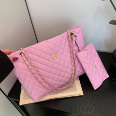 跨境女包2024新款簡約時尚大容量菱格單肩包小香風女士斜挎托特包