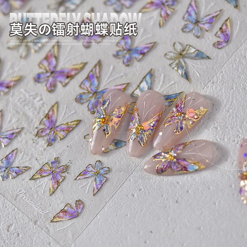 Pegatinas de mariposas para decoración de uñas, estilo francés, finas y resistentes, tridimensionales, con relieve láser, huecas, de alta gama