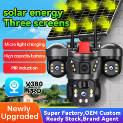 V380太阳能wifi/4G三画面枪球一体机三目电池监控太阳能供电