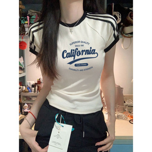 American-Style Three-Stripe Short-Sleeve T-Shirt for Women, Retro Japanese Thin Sweet and Spicy Summer New Regular Shoulder Short Ins Top