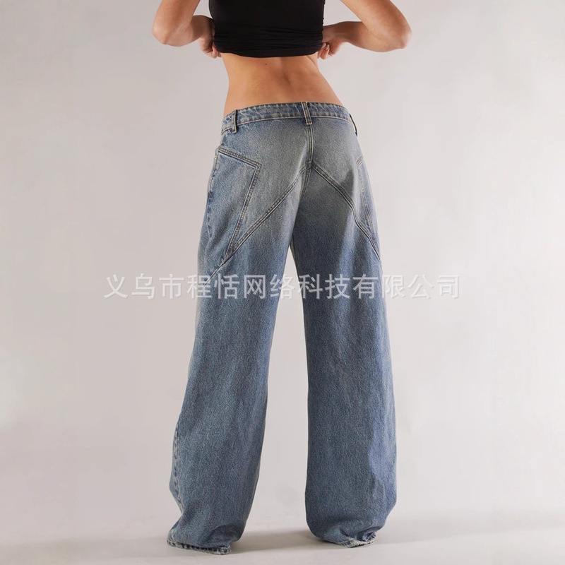 European and American Cross-Border Retro Loose Straight-Leg Jeans Y2K Low-Waist Star Patchwork Floor-Length Pants for Export