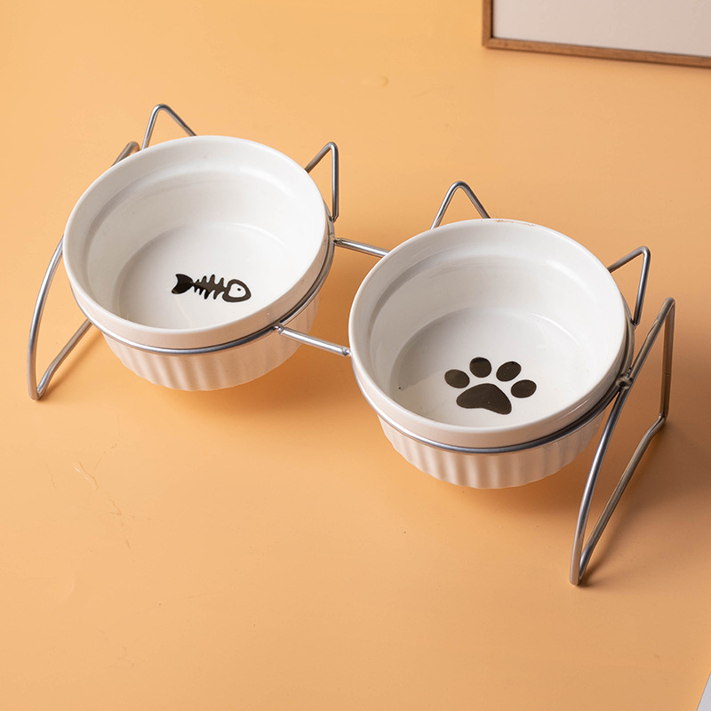 Fábrica al por mayor de cerámica gato comida tazón cuello protección diseño bebedero gato arroz tazón doble tazón antidetonante perro tazón de comida