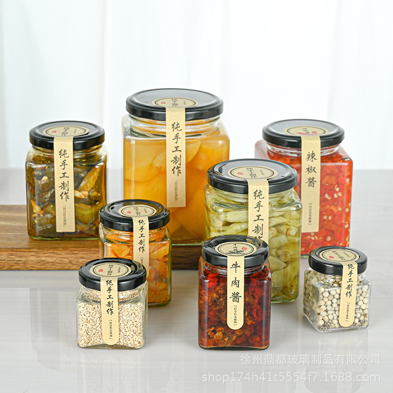 厂家批发罐头瓶方形蜂蜜瓶380ml玻璃密封辣椒酱瓶果酱罐酱菜瓶